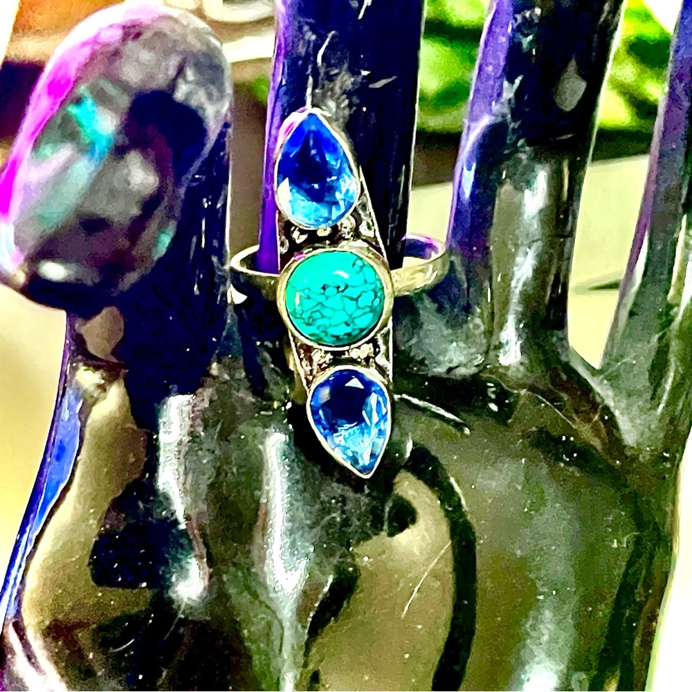New 925 Sterling Silver Blue Imperial Topaz Turquoise Artisten 3 Tier Ring - Picture 14 of 17